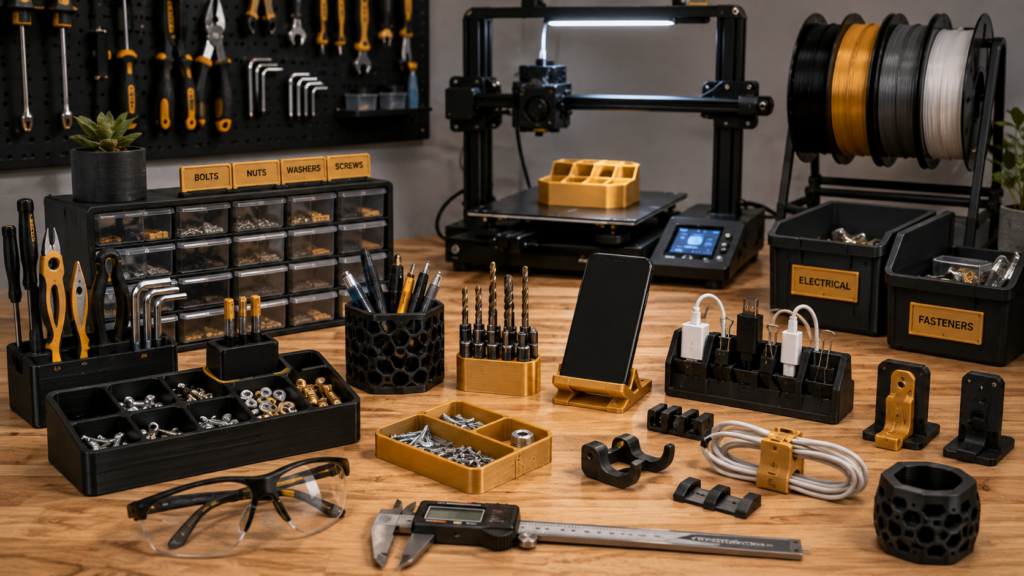 Useful 3D printed parts for garage organization, tool storage, dorm rooms, and desks