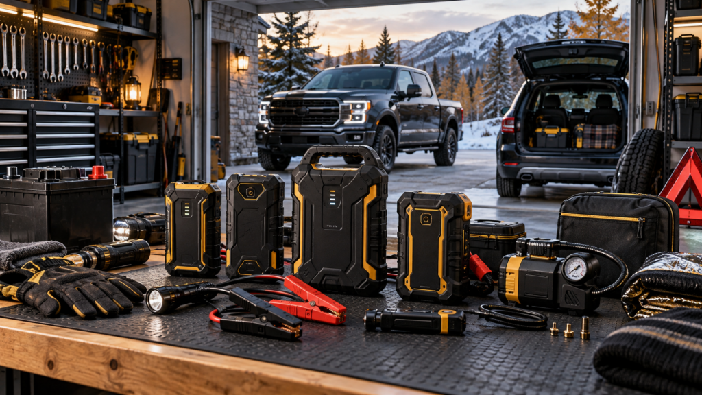 Portable jump starters for cars, trucks, garages, and winter emergencies arranged with roadside safety gear