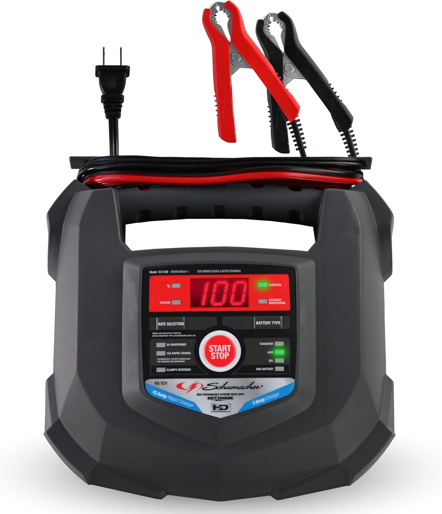 Schumacher SC1280 battery charger and maintainer for cars, trucks, and garage use
