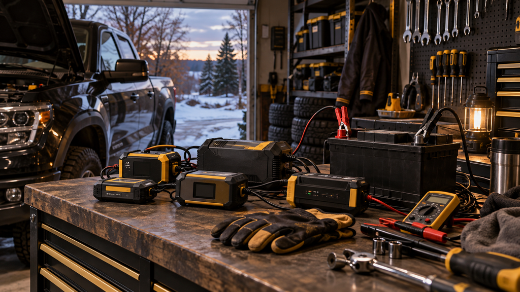 Battery chargers and maintainers for cars, garages, and winter vehicle storage arranged on a workbench