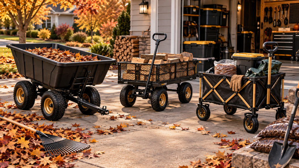 Yard carts and wagons for fall cleanup, leaves, firewood, mulch, and home projects