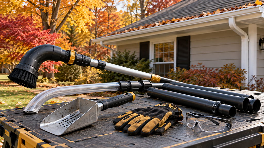 Gutter cleaning tools for fall cleanup including blower attachments, a telescoping wand, scoop, gloves, and safety glasses